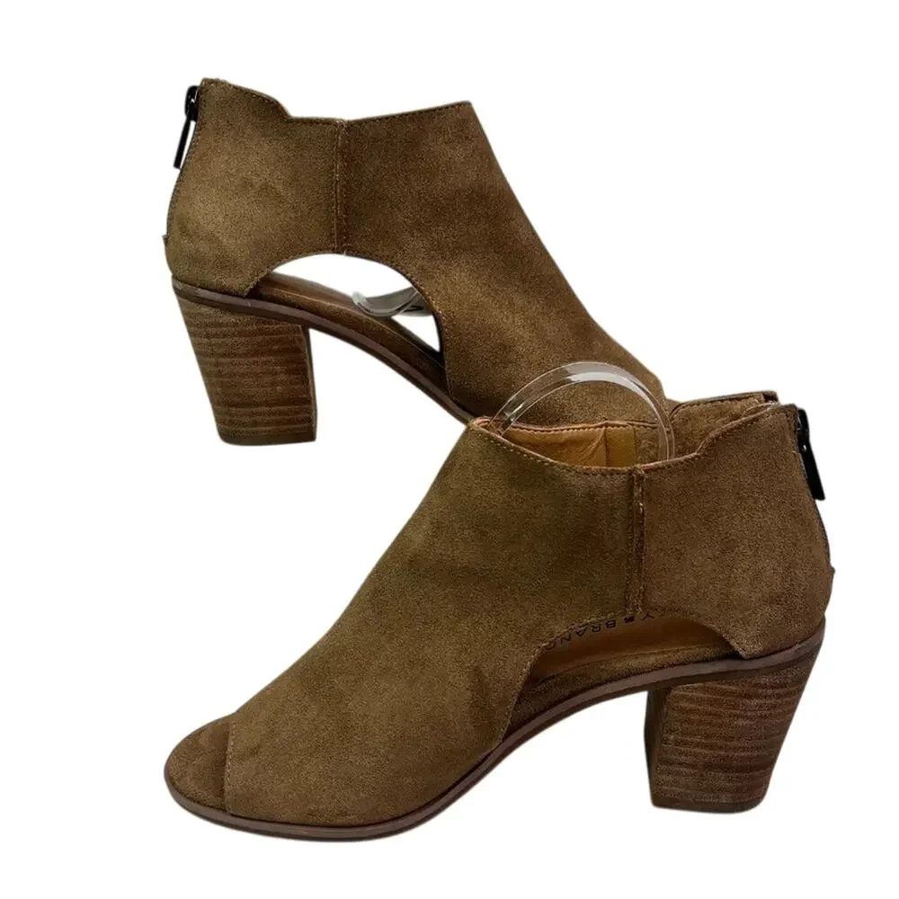 Lucky Brand Ankle Booties Womens 6.5 M Brown Keight Stacked Heel Open Toe Suede